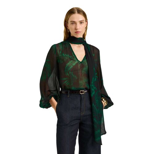 Veronika Maine Emerald Palm Crinkle Georgette Blouse